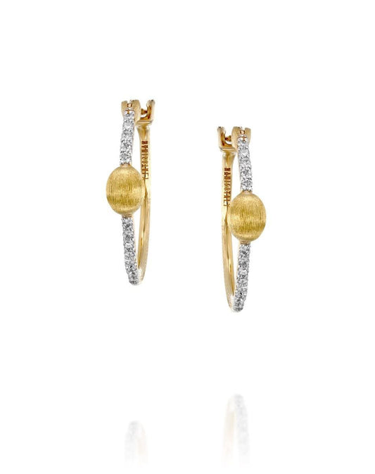 Yellow Gold Hoop Earrings with Diamond Accents and Central Bead