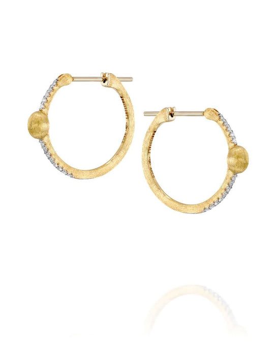 Yellow Gold Hoop Earrings with Diamond Accents and Central Bead