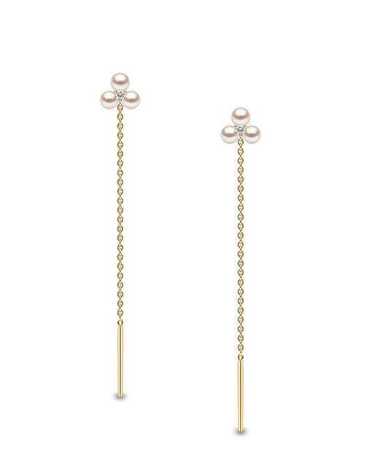 עגילים ארוכים עם שרשרת זהב ופנינים- זהב צהוב