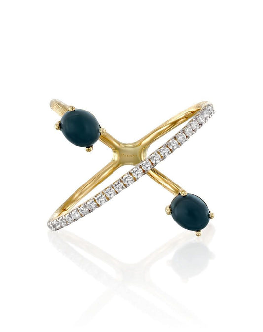 Open Yellow Gold Ring with Blue Topaz and Pave Diamond Bar