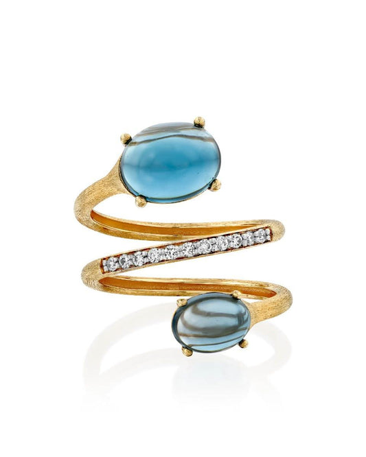 Open Spiral Yellow Gold Ring with Blue Topaz and Diamond Accents
