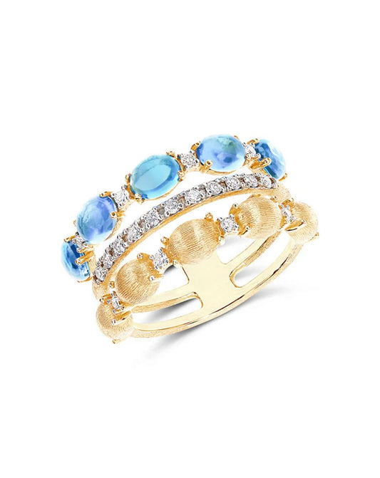 Triple Band Yellow Gold Ring with Blue Topaz, Diamonds and Gold Balls