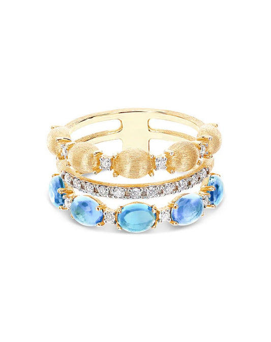 Triple Band Yellow Gold Ring with Blue Topaz, Diamonds and Gold Balls