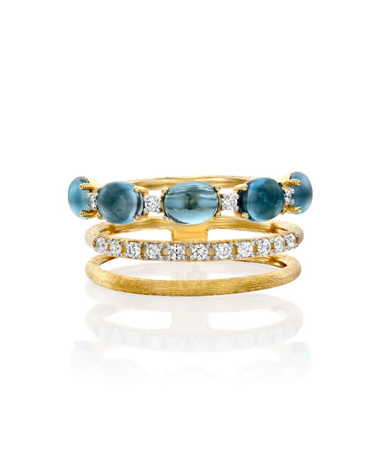 Triple Band Yellow Gold Ring with Blue Topaz and Diamonds