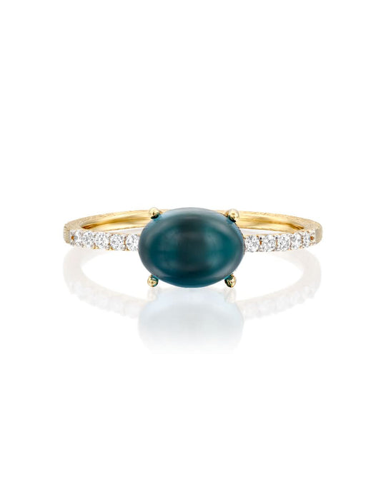 Yellow Gold Ring with Blue Topaz and Diamonds -  MEDIUM