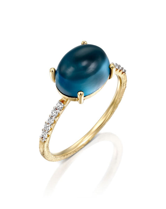 Yellow Gold Ring with Blue Topaz and Diamonds - LARGE