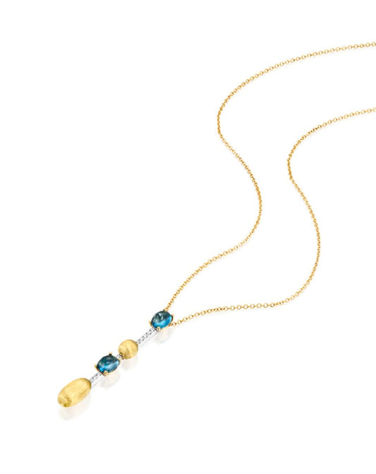 Yellow Gold Necklace with Blue Topaz, Diamonds, and Gold Balls Pendant