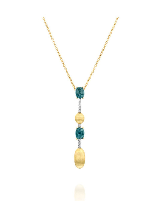 Yellow Gold Necklace with Blue Topaz, Diamonds, and Gold Balls Pendant