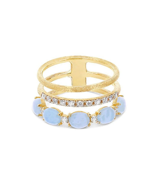 Triple Band Yellow Gold Ring with Aquamarine and Diamonds