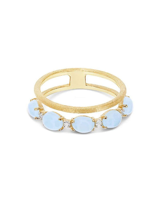 Double Band Yellow Gold Ring with Aquamarine and Diamonds