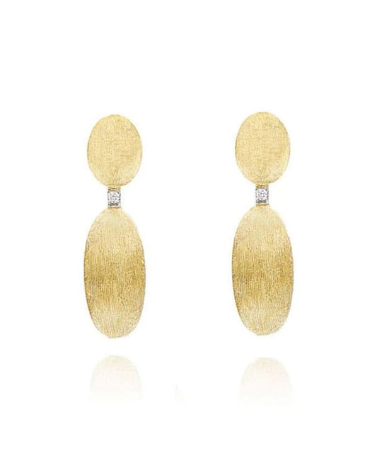 Yellow Gold Drop Earrings with Oval Beads and Diamond Accent